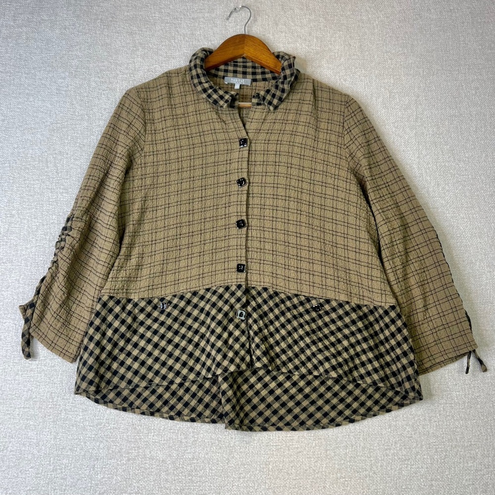 Habitat Clothes to Live In Mixed Grid Gingham Button Up Top Brown Small Boho